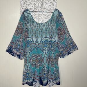 AS U WISH Women's size MEDIUM Tunic Top BLOUSE Lined Flared 3/4 Sleeves BLUE